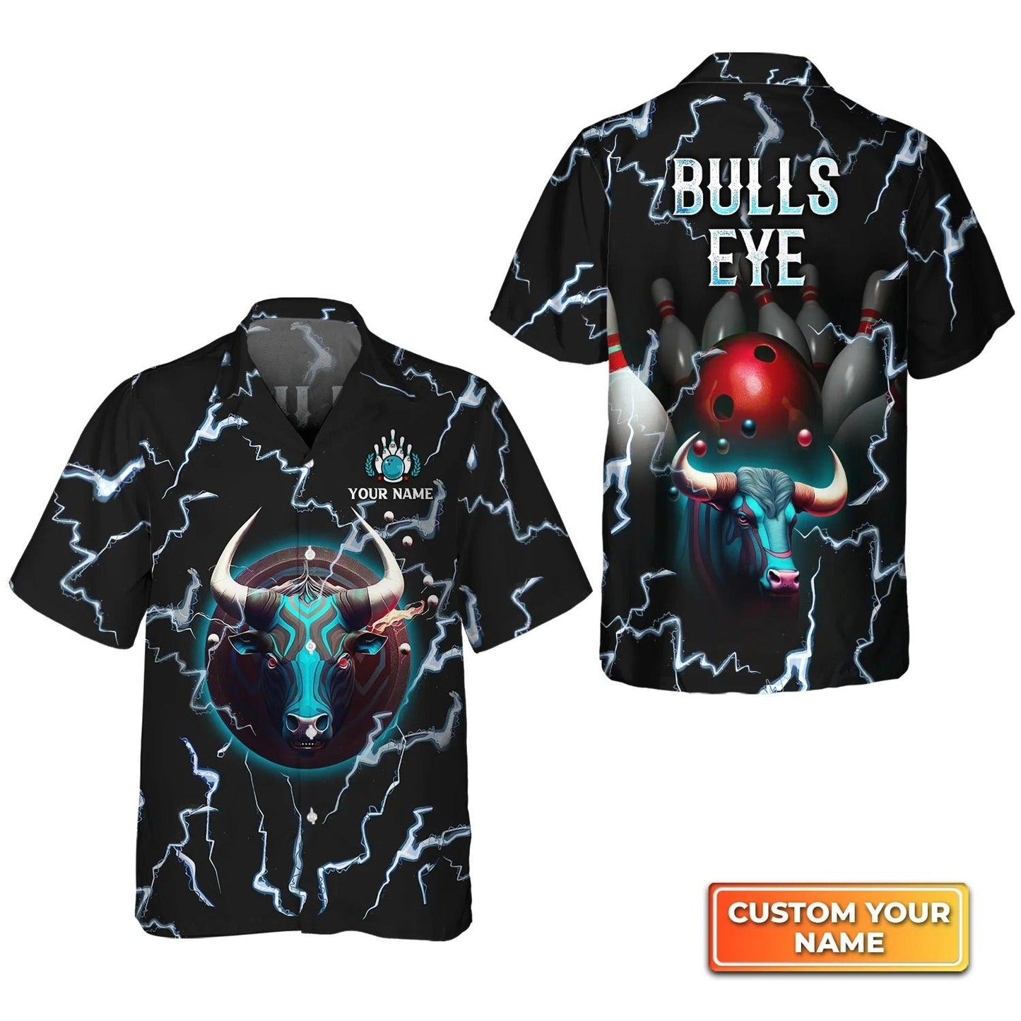 Bowling Hawaiian Shirt Custom Name - Bulls Eye Red Bowling Ball Team Personalized Aloha Hawaiian Shirt - Gift For Friend, Family, Bowling Lovers - Amzanimalsgift