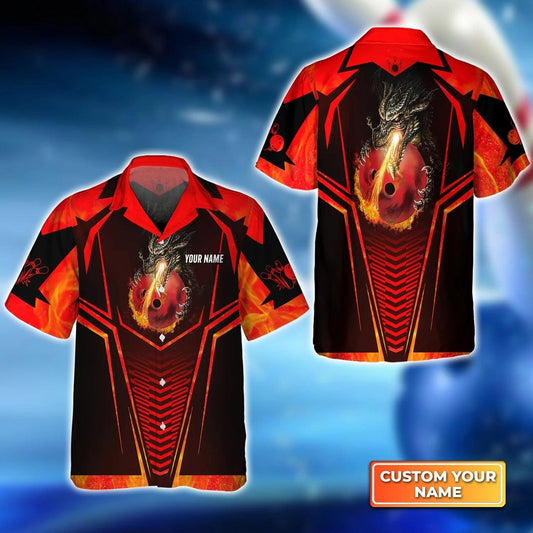 Bowling Hawaiian Shirt Custom Name - Dragon Fire Flame Personalized Aloha Hawaiian Shirt - Gift For Friend, Family, Bowling Lovers - Amzanimalsgift