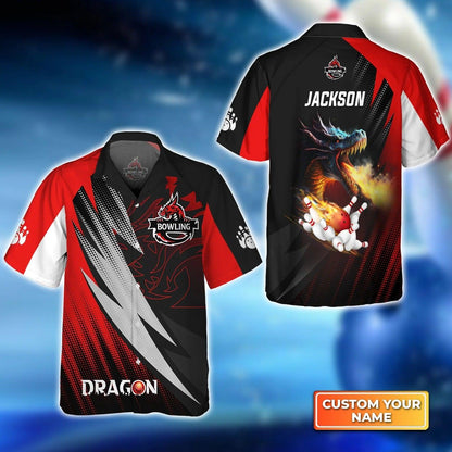 Bowling Hawaiian Shirt Custom Name - Dragon Team Red Bowling Ball On Fire Personalized Aloha Hawaiian Shirt - Gift For Friend, Family, Bowling Lovers - Amzanimalsgift