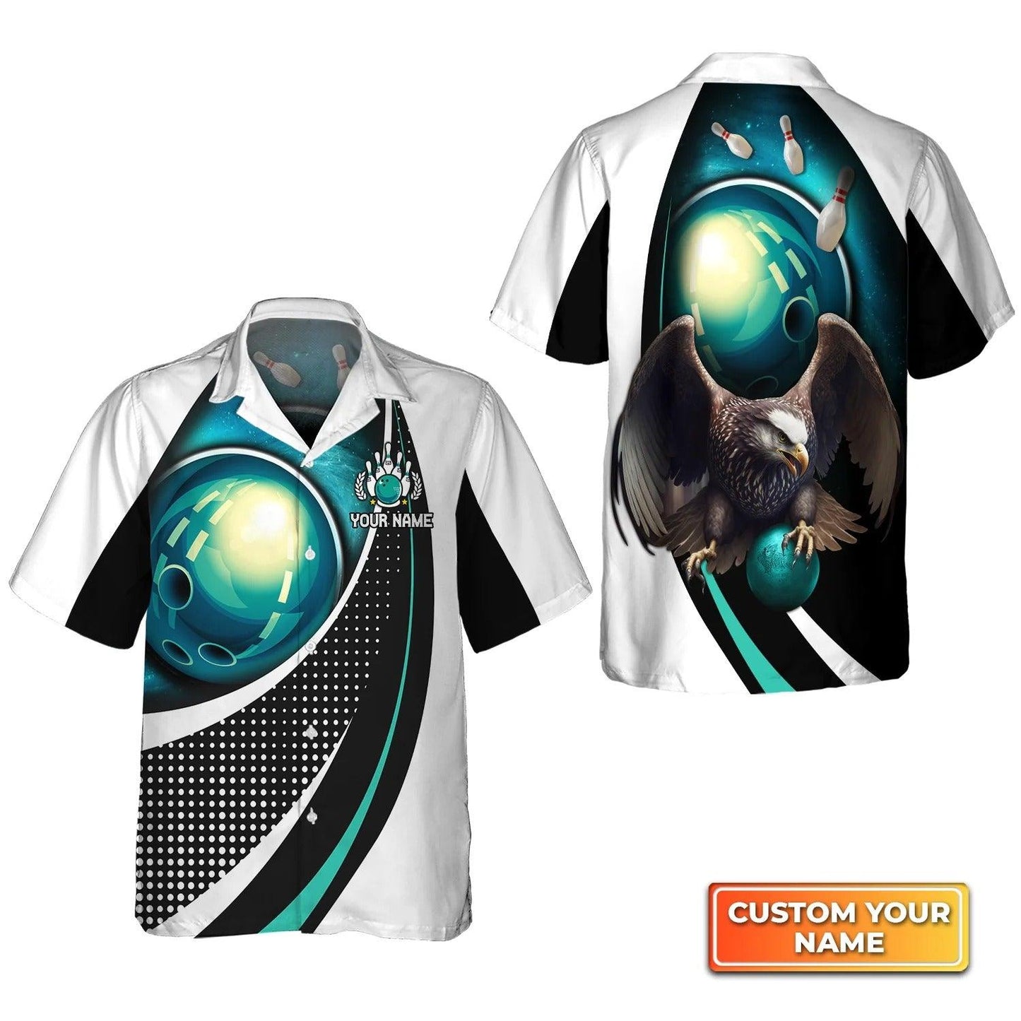 Bowling Hawaiian Shirt Custom Name - Eagle Bowling Team Blue Bowling Ball Personalized Aloha Hawaiian Shirt - Gift For Friend, Family, Bowling Lovers - Amzanimalsgift