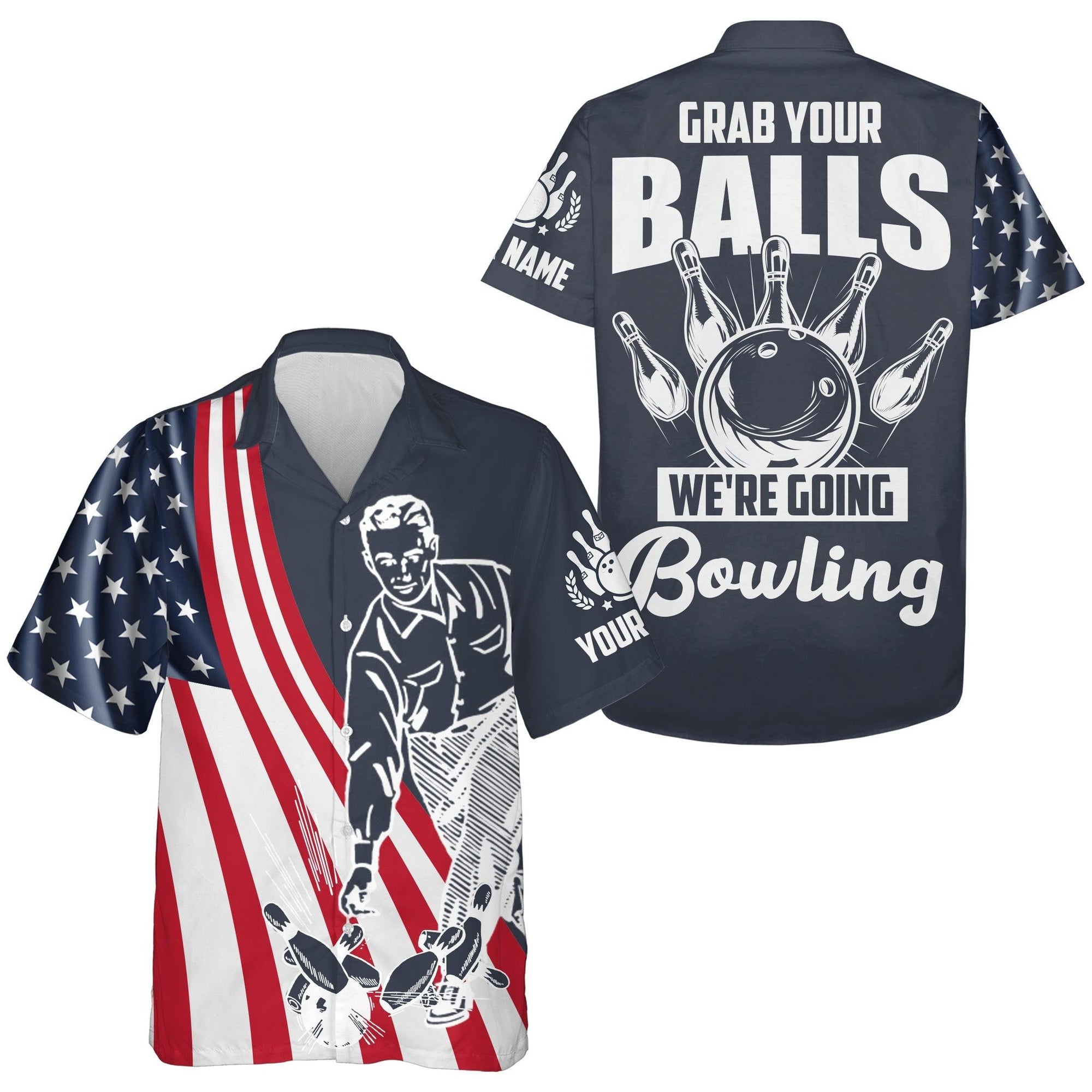 Bowling Hawaiian Shirt Custom Name, Grab Your Balls We're Going Bowling USA Flag Personalized Shirt For Men Women, Team, Bowling Lovers, Bowlers - Amzanimalsgift