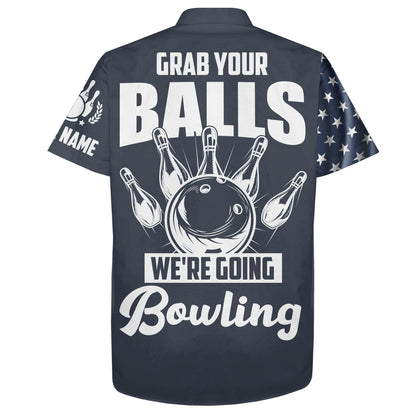 Bowling Hawaiian Shirt Custom Name, Grab Your Balls We're Going Bowling USA Flag Personalized Shirt For Men Women, Team, Bowling Lovers, Bowlers - Amzanimalsgift