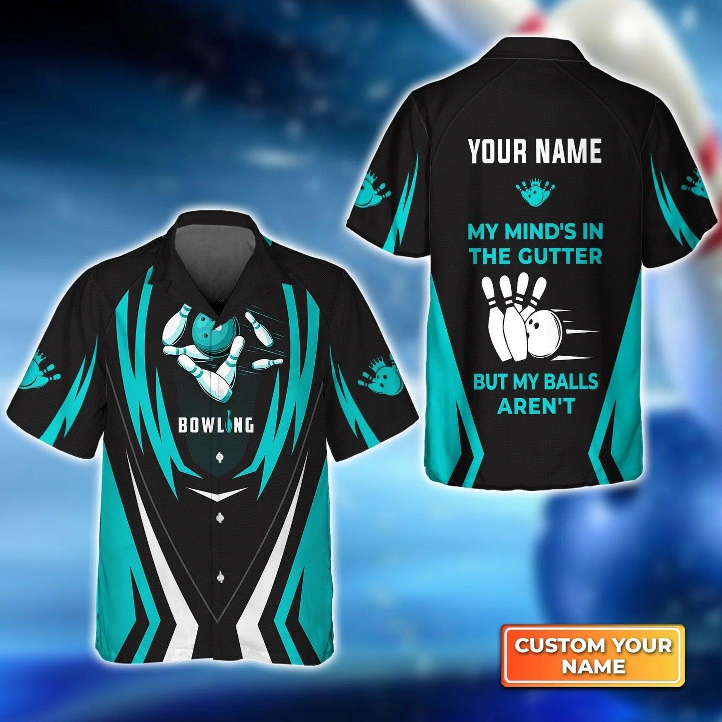 Bowling Hawaiian Shirt Custom Name - Light Blue Bowling My Mind's In The Gutter Personalized Aloha Hawaiian Shirt - Gift For Friend, Family, Bowling Lovers - Amzanimalsgift