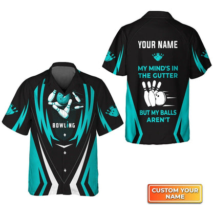Bowling Hawaiian Shirt Custom Name - Light Blue Bowling My Mind's In The Gutter Personalized Aloha Hawaiian Shirt - Gift For Friend, Family, Bowling Lovers - Amzanimalsgift