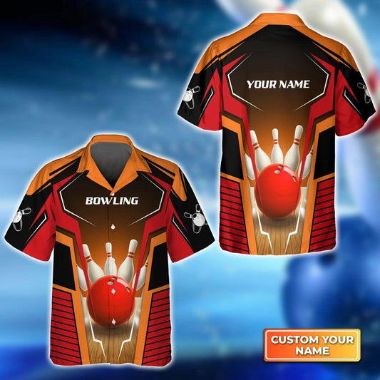 Bowling Hawaiian Shirt Custom Name - Mens Bowl Pin And Red Bowling Ball Personalized Aloha Hawaiian Shirt - Gift For Friend, Family, Bowling Lovers - Amzanimalsgift