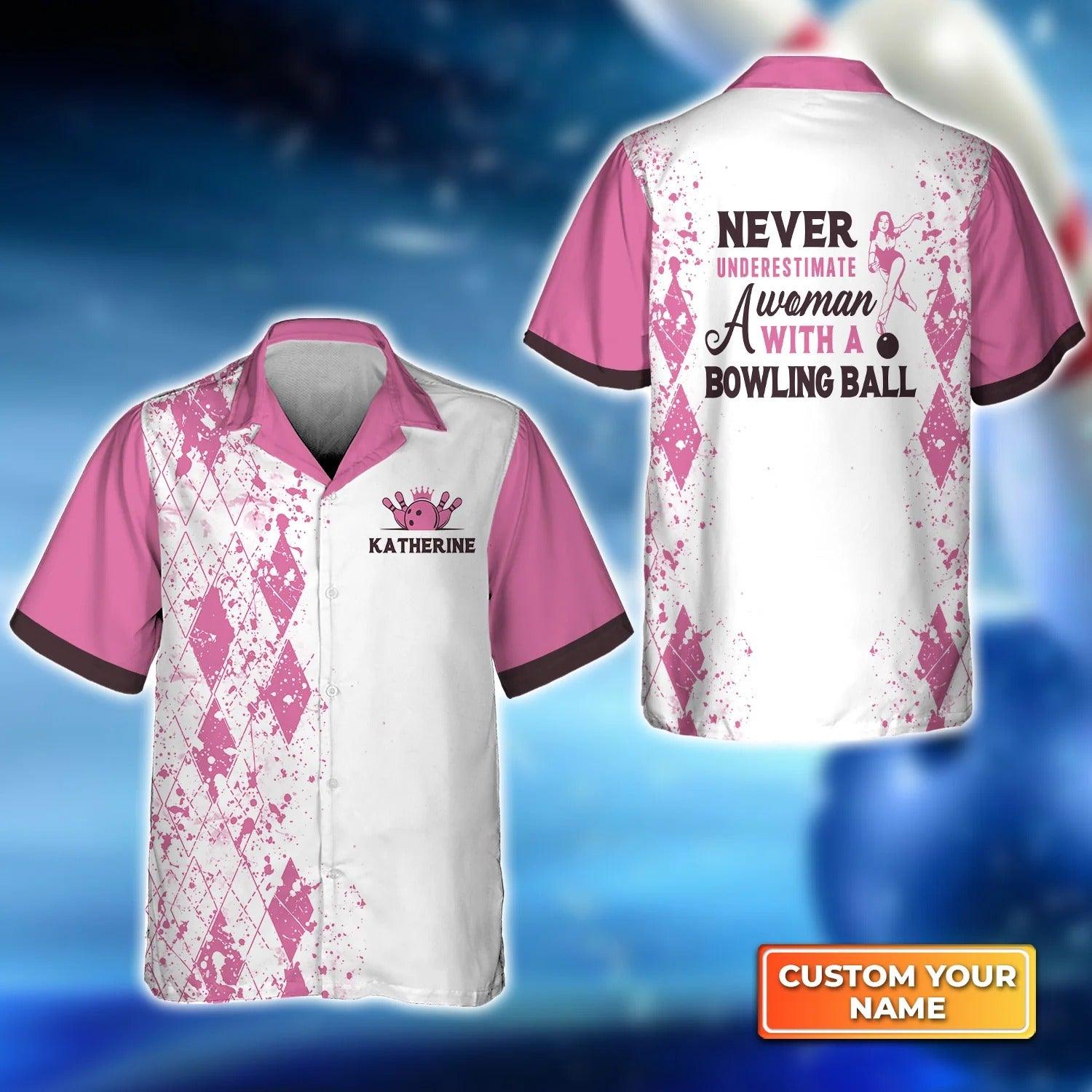 Bowling Hawaiian Shirt Custom Name - Never Underestimate a Woman with a Bowling Ball Pink Bowling Personalized Aloha Hawaiian Shirt - Gift For Friend, Family, Bowling Lovers - Amzanimalsgift