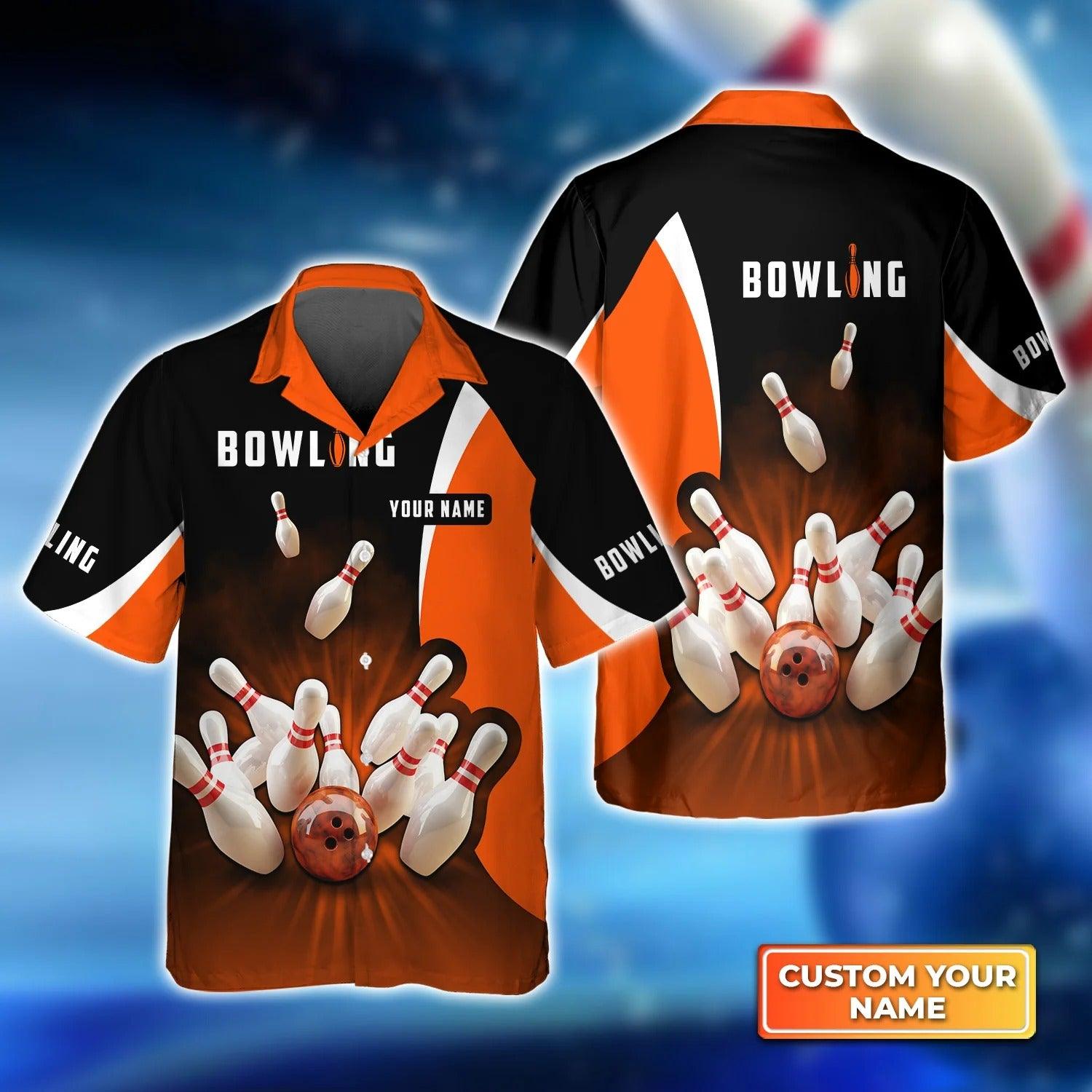 Bowling Hawaiian Shirt Custom Name - Perfect Orange Strike Bowling Personalized Aloha Hawaiian Shirt - Gift For Friend, Family, Bowling Lovers - Amzanimalsgift