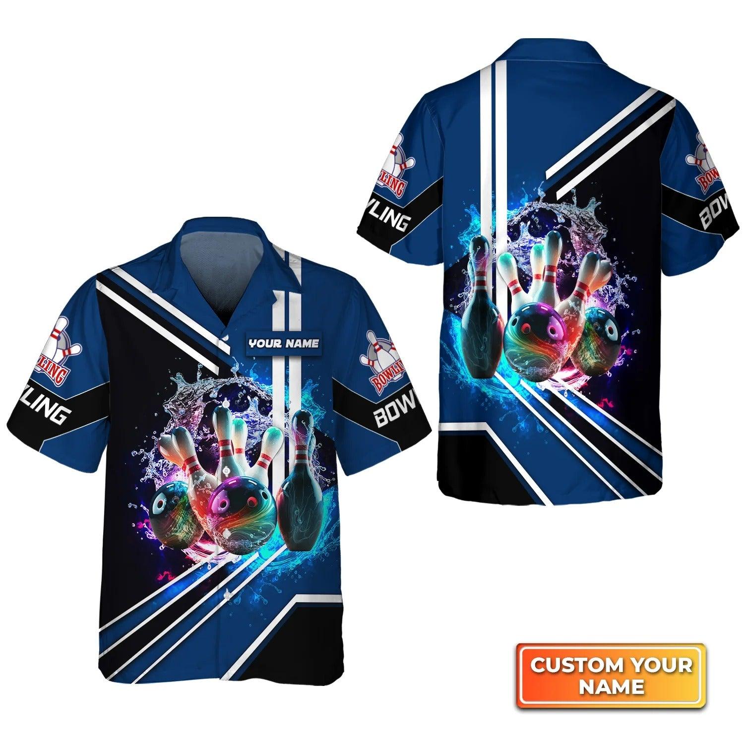 Bowling Hawaiian Shirt Custom Name - Rainbow Bowling Ball And Pins On Water Personalized Aloha Hawaiian Shirt - Gift For Friend, Family, Bowling Lovers - Amzanimalsgift