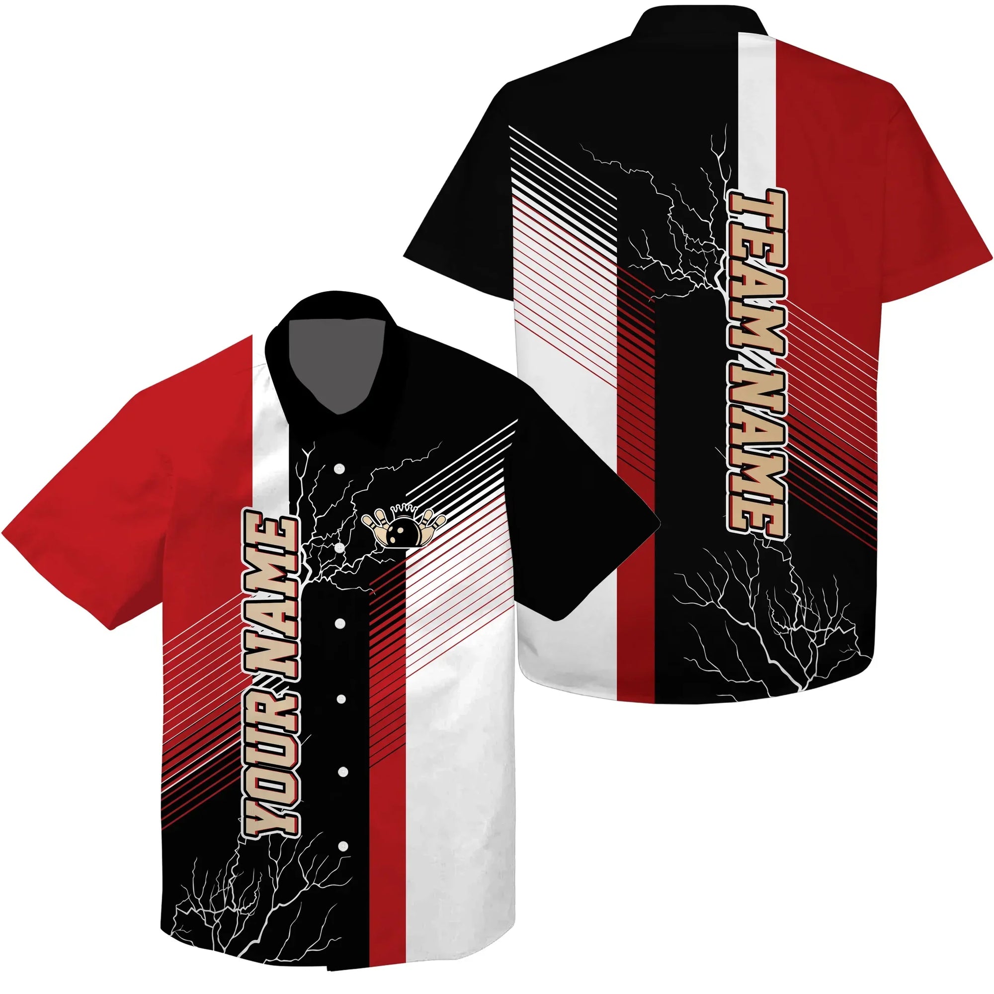 Bowling Hawaiian Shirt Custom Name, Red And Black Plaid Pattern Lightning Personalized Hawaiian Shirt For Men Women, Team, Bowling Lovers, Bowlers - Amzanimalsgift