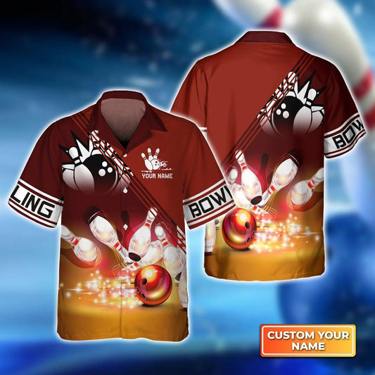 Bowling Hawaiian Shirt Custom Name - Red Bowling Ball Crashing into the Pins Personalized Aloha Hawaiian Shirt - Gift For Friend, Family, Bowling Lovers - Amzanimalsgift