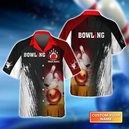 Bowling Hawaiian Shirt Custom Name - Red Bowling Ball Crashing Pins Personalized Aloha Hawaiian Shirt - Gift For Friend, Family, Bowling Lovers - Amzanimalsgift