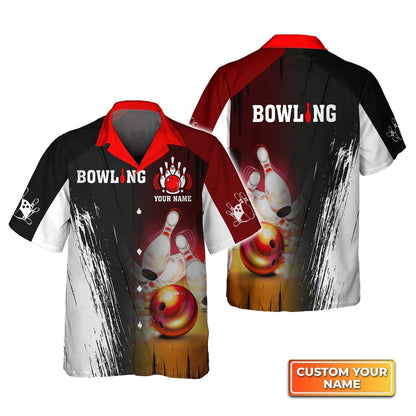 Bowling Hawaiian Shirt Custom Name - Red Bowling Ball Crashing Pins Personalized Aloha Hawaiian Shirt - Gift For Friend, Family, Bowling Lovers - Amzanimalsgift