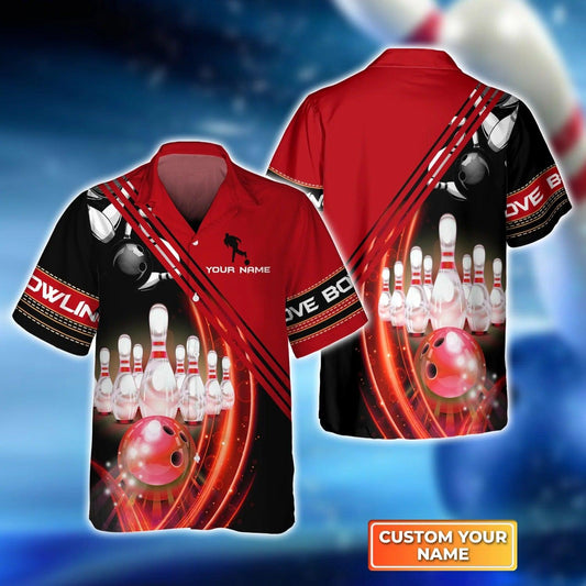 Bowling Hawaiian Shirt Custom Name - Red Bowling Ball in Motion and the Pins Personalized Aloha Hawaiian Shirt - Gift For Friend, Family, Bowling Lovers - Amzanimalsgift