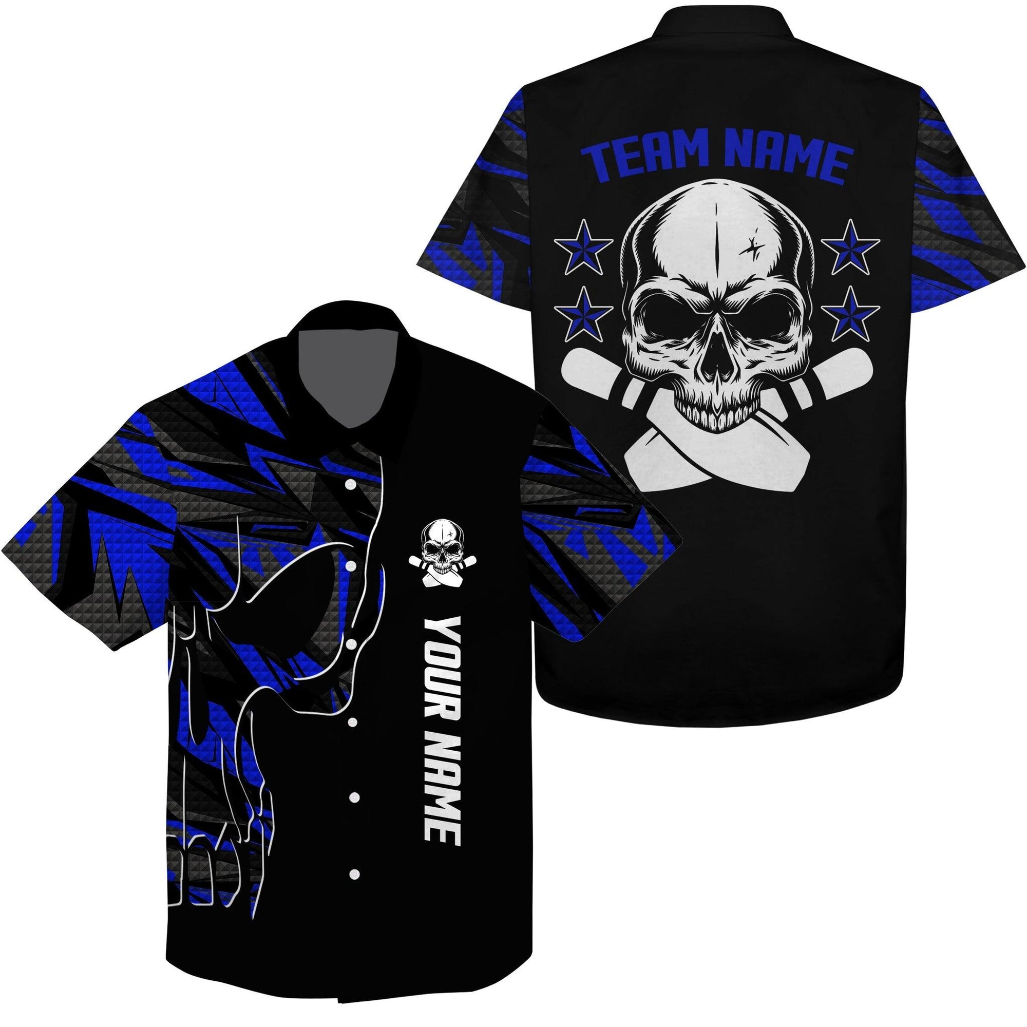 Bowling Hawaiian Shirt Custom Name Team Name, Bowling Blue Skull Personalized Hawaiian Shirt For Men Women, Team, Bowling Lovers, Bowlers - Amzanimalsgift