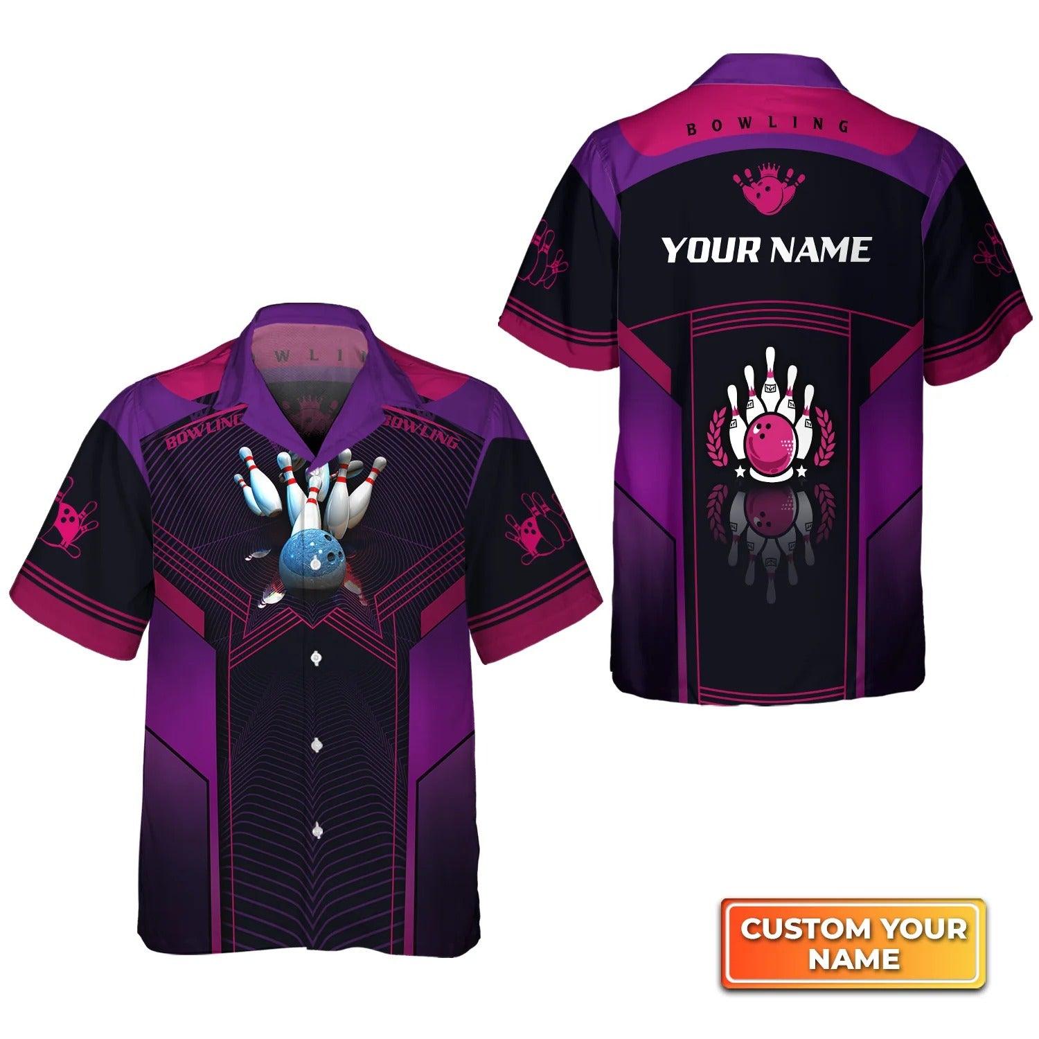 Bowling Hawaiian Shirt Custom Name - The Blue Bowling Ball Crashing The Pins Purple Personalized Aloha Hawaiian Shirt - Gift For Friend, Family, Bowling Lovers - Amzanimalsgift