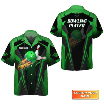 Bowling Hawaiian Shirt Custom Name - The Green Bowling Ball in Flames Breaks White Skittles Personalized Aloha Hawaiian Shirt - Gift For Friend, Family, Bowling Lovers - Amzanimalsgift