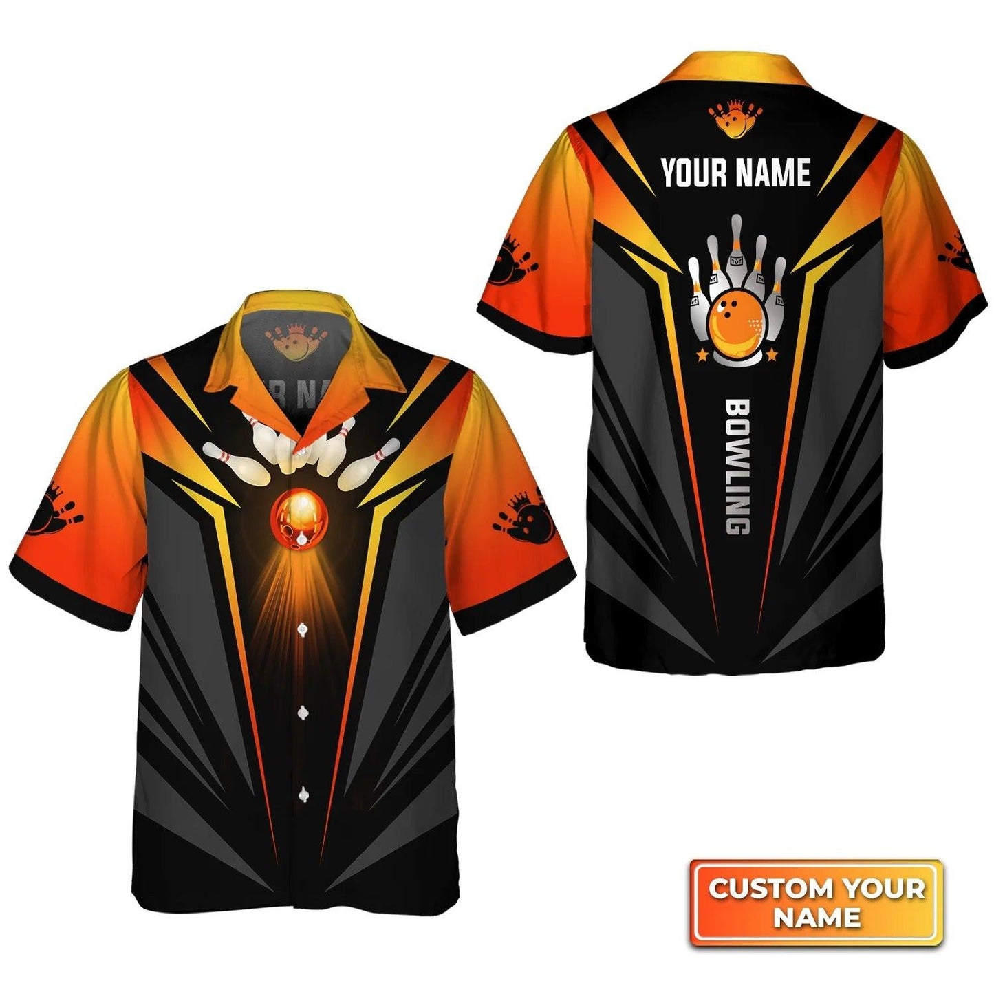 Bowling Hawaiian Shirt Custom Name - The Orange Bowling Ball in Flames Personalized Aloha Hawaiian Shirt - Gift For Friend, Family, Bowling Lovers - Amzanimalsgift