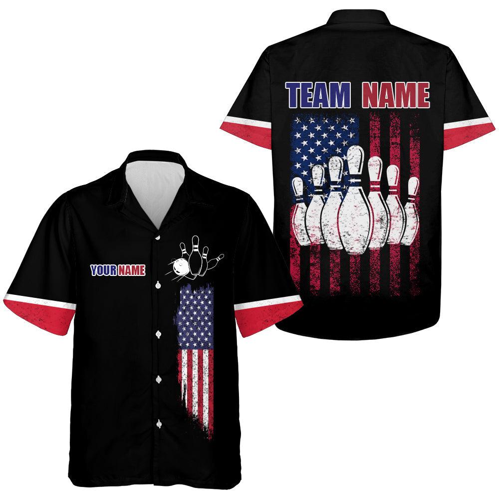 Bowling Hawaiian Shirt Custom Team Name And Name, American Flag Bowling Personalized Shirt For Men Women, Bowling Lovers, Bowlers - Amzanimalsgift