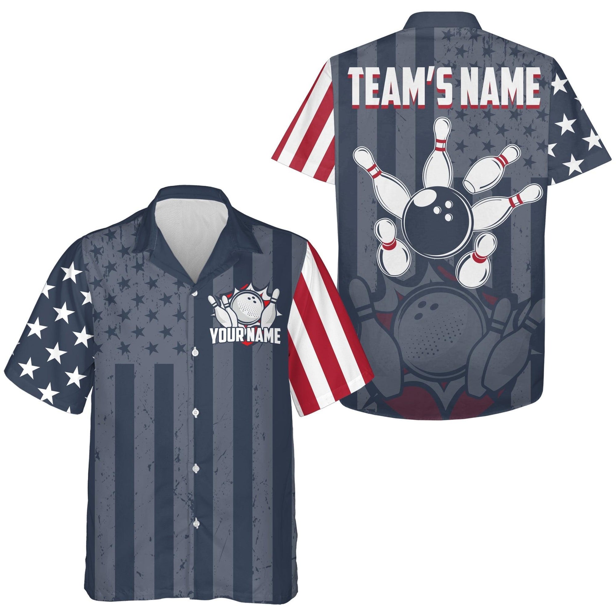 Bowling Hawaiian Shirt Custom Team Name And Name, American Flag Bowling Personalized Shirt For Men Women, Team, Bowling Lovers, Bowlers - Amzanimalsgift