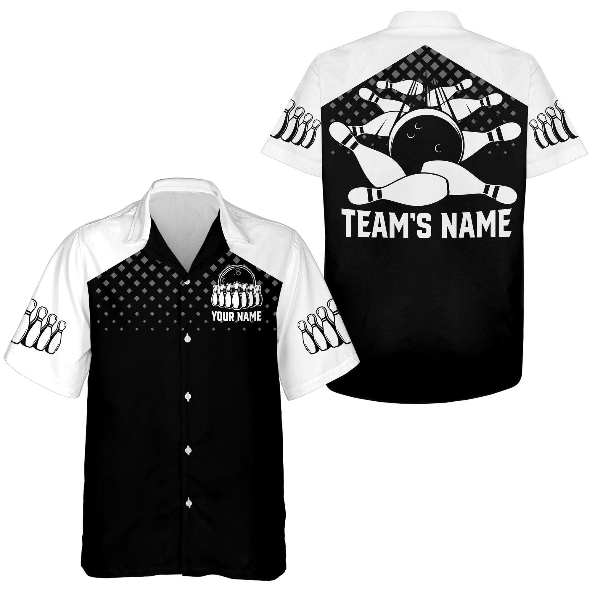 Bowling Hawaiian Shirt Custom Team Name And Name, Black White Bowling Personalized Shirt For Men Women, Team, Bowling Lovers, Bowlers - Amzanimalsgift