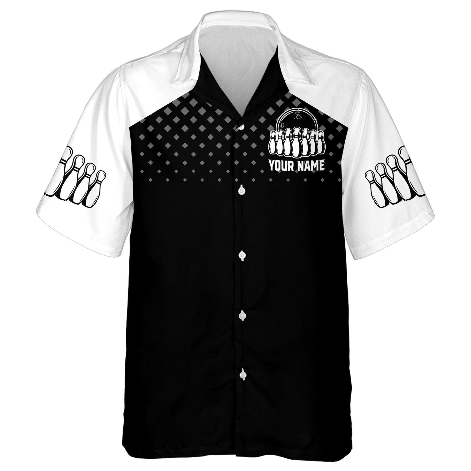 Bowling Hawaiian Shirt Custom Team Name And Name, Black White Bowling Personalized Shirt For Men Women, Team, Bowling Lovers, Bowlers - Amzanimalsgift