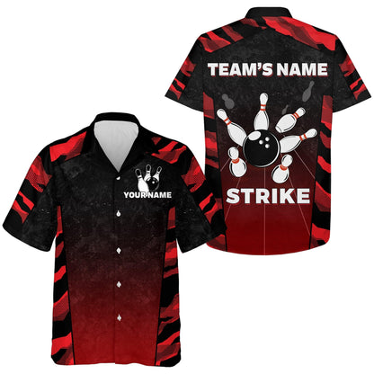 Bowling Hawaiian Shirt Custom Team Name And Name, Red Camo Strike Bowling Personalized Shirt For Men Women, Bowling Lovers, Bowlers - Amzanimalsgift