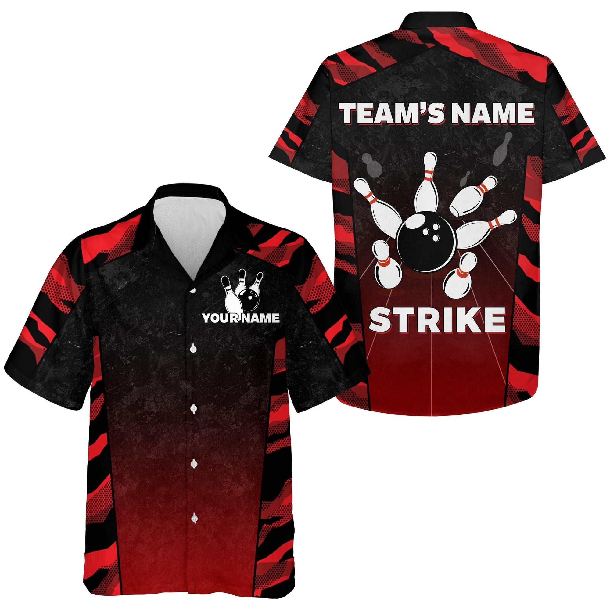 Bowling Hawaiian Shirt Custom Team Name And Name, Red Camo Strike Bowling Personalized Shirt For Men Women, Bowling Lovers, Bowlers - Amzanimalsgift