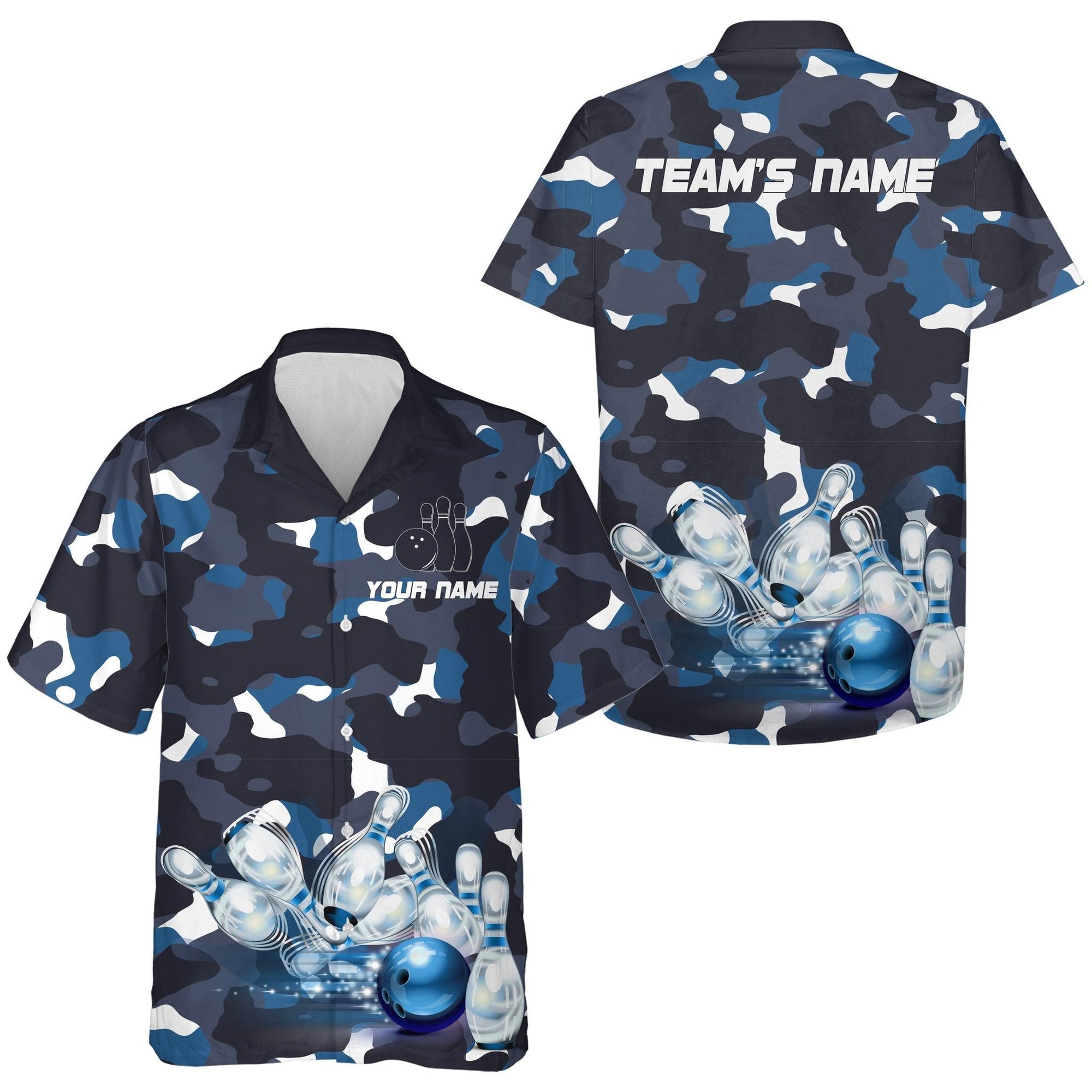 Bowling Hawaiian Shirt Custom Team Name, Blue Camo Bowling Personalized Shirt For Men Women, Team, Bowling Lovers, Short Sleeve Bowlers Jersey - Amzanimalsgift