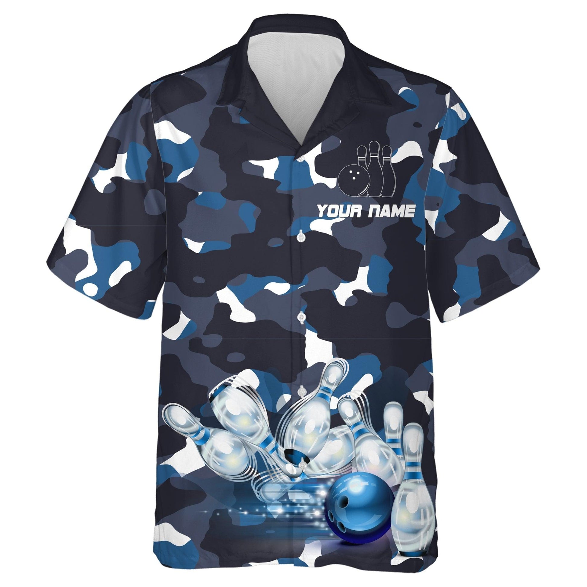 Bowling Hawaiian Shirt Custom Team Name, Blue Camo Bowling Personalized Shirt For Men Women, Team, Bowling Lovers, Short Sleeve Bowlers Jersey - Amzanimalsgift