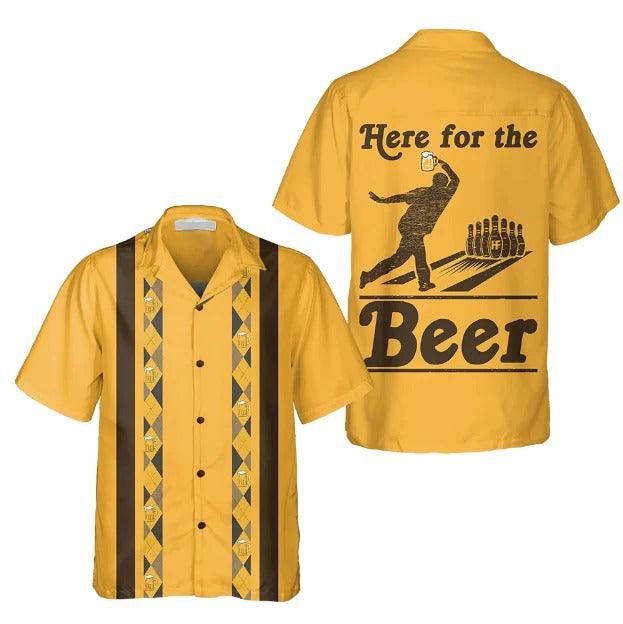 Bowling Hawaiian Shirt, Here For The Beer Bowling Yellow Aloha Hawaiian Shirts For Men and Women - Gift For Bowling Lovers, Friend, Family - Amzanimalsgift