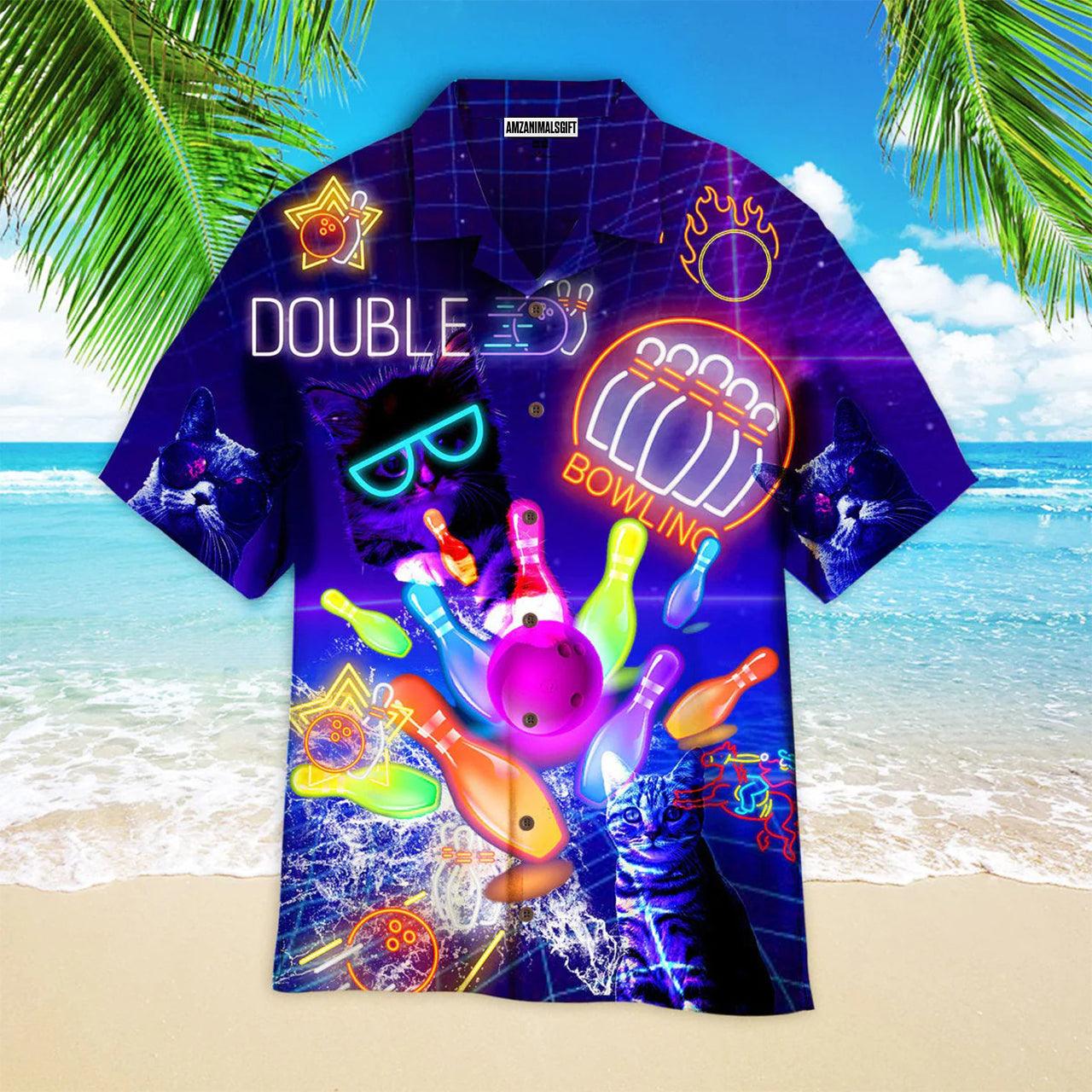Bowling Hawaiian Shirt, Neon Bowling Cats Aloha Hawaiian Shirts For Men and Women - Gift For Bowling Lovers, Friend, Family - Amzanimalsgift