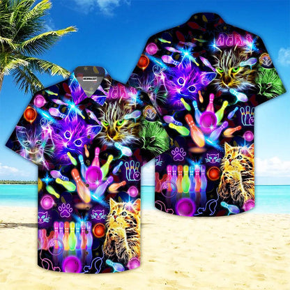 Bowling Hawaiian Shirt, Neon Kitty Play Bowling In The Dark Aloha Hawaiian Shirts For Men and Women - Gift For Bowling Lovers, Friend, Family - Amzanimalsgift