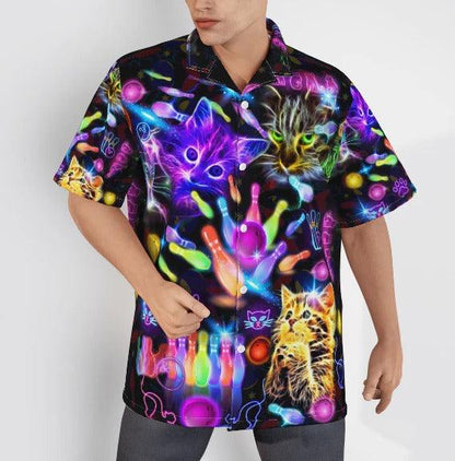 Bowling Hawaiian Shirt, Neon Kitty Play Bowling In The Dark Aloha Hawaiian Shirts For Men and Women - Gift For Bowling Lovers, Friend, Family - Amzanimalsgift