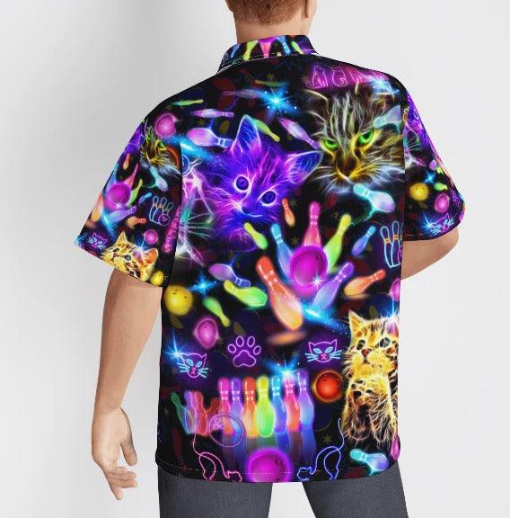 Bowling Hawaiian Shirt, Neon Kitty Play Bowling In The Dark Aloha Hawaiian Shirts For Men and Women - Gift For Bowling Lovers, Friend, Family - Amzanimalsgift