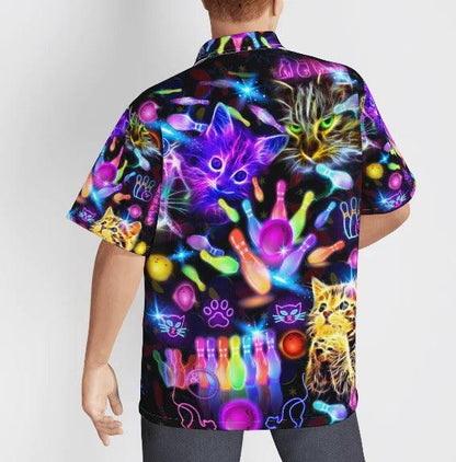 Bowling Hawaiian Shirt, Neon Kitty Play Bowling In The Dark Aloha Hawaiian Shirts For Men and Women - Gift For Bowling Lovers, Friend, Family - Amzanimalsgift