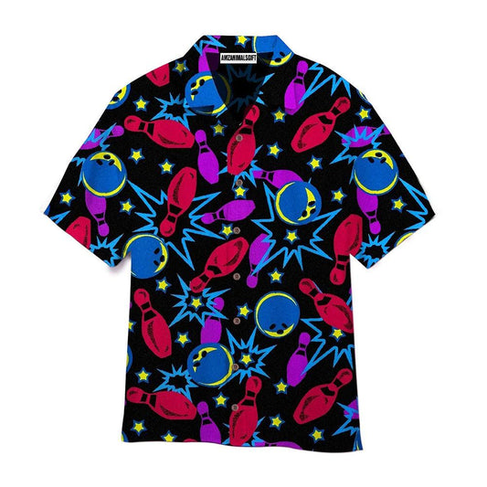 Bowling Hawaiian Shirt, Retro Bowl Fluorescent Pattern Black Aloha Hawaiian Shirts For Men and Women - Gift For Bowling Lovers, Friend, Family - Amzanimalsgift