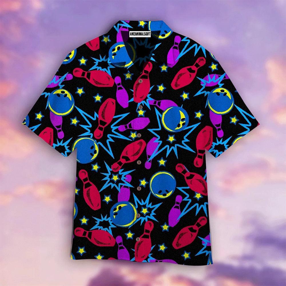 Bowling Hawaiian Shirt, Retro Bowl Fluorescent Pattern Black Aloha Hawaiian Shirts For Men and Women - Gift For Bowling Lovers, Friend, Family - Amzanimalsgift