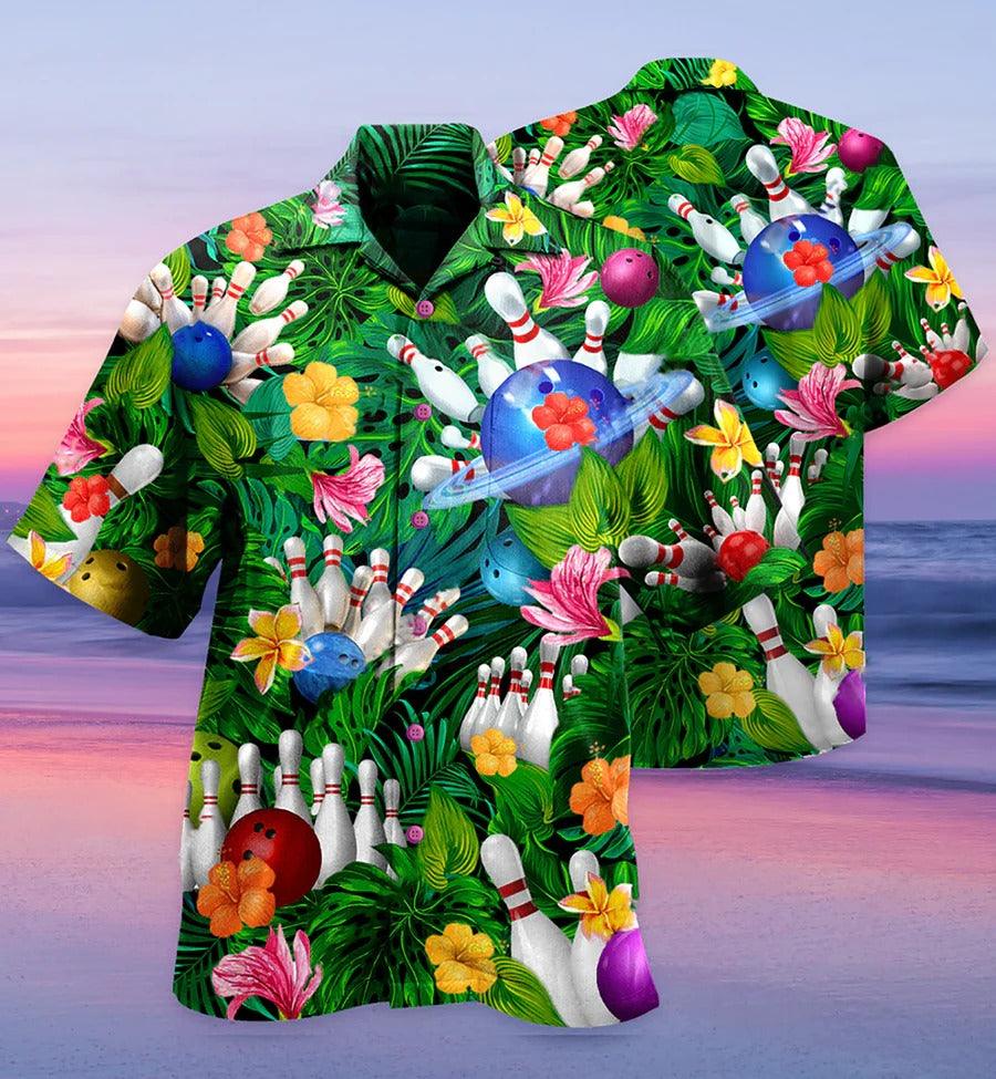 Bowling Hawaiian Shirt, Tropical Floral Tropical Leaves Hawaiian Shirt, Bowling Roll Aloha Shirt For Men - Perfect Gift For Bowling Lovers, Bowlers - Amzanimalsgift