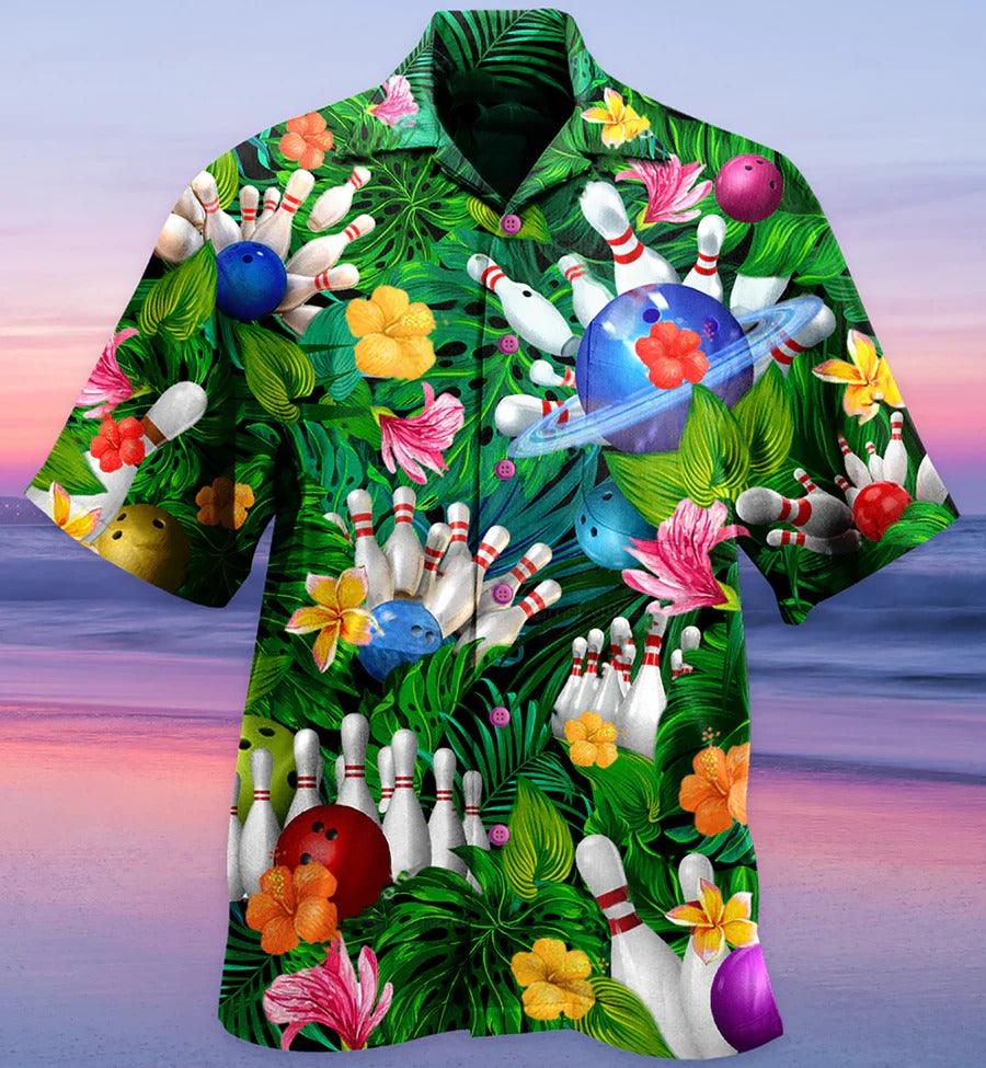 Bowling Hawaiian Shirt, Tropical Floral Tropical Leaves Hawaiian Shirt, Bowling Roll Aloha Shirt For Men - Perfect Gift For Bowling Lovers, Bowlers - Amzanimalsgift