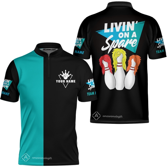 Customized Bowling Team Jersey, Bowling Livin' On A Spare Personalized Quarter-Zip Stand Collar Shirt Uniform For Bowlers
