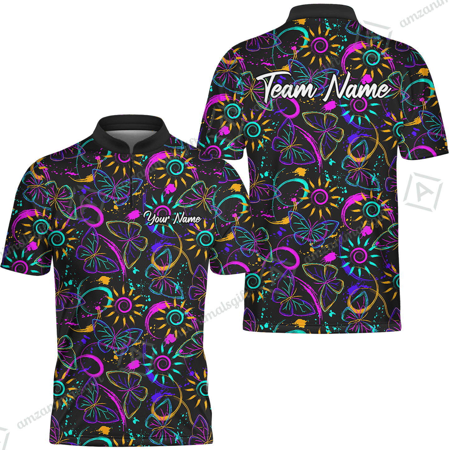 Custom Bowling Jersey Polo Shirt, Colorful Butterfly Bowling, Custom Bowling Jersey Team Shirt For Players With Name & Team Name
