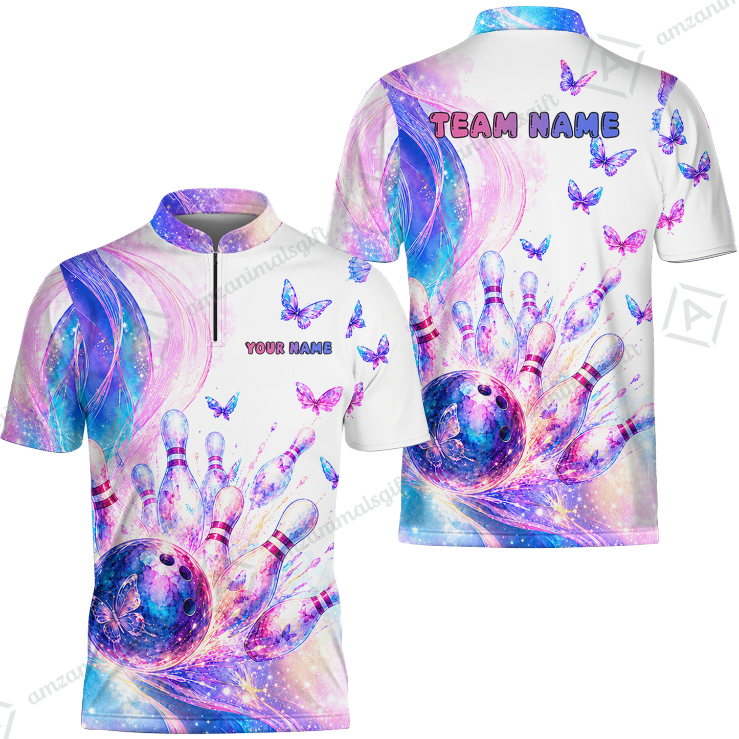 Custom Bowling Jersey Polo Shirt, Bowling Dart Butterfly, Personalize Name and Team Name