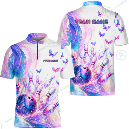 Custom Bowling Jersey Polo Shirt, Bowling Dart Butterfly, Personalize Name and Team Name