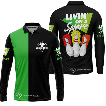 Bowling Men's Long Sleeve Polo Shirt Custom Name - Bowling Livin' On A Spare Personalized Bowling Long Sleeve Polo Shirt
