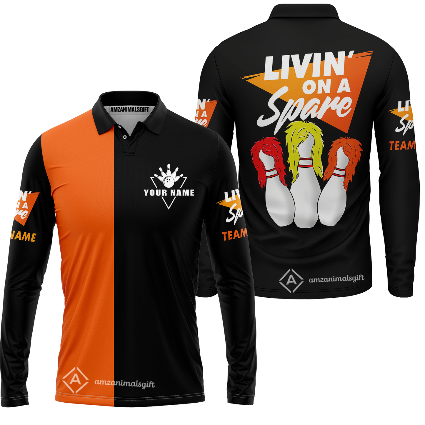 Bowling Men's Long Sleeve Polo Shirt Custom Name - Bowling Livin' On A Spare Personalized Bowling Long Sleeve Polo Shirt