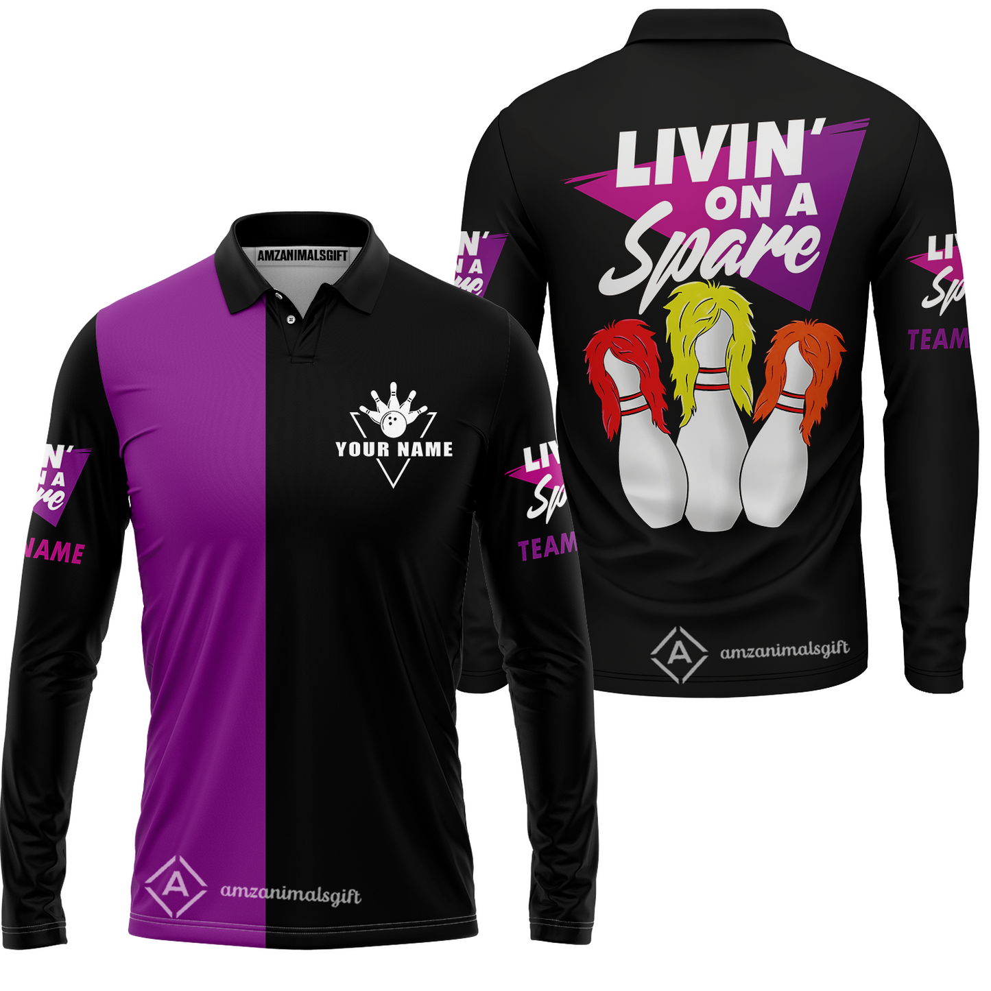 Bowling Men's Long Sleeve Polo Shirt Custom Name - Bowling Livin' On A Spare Personalized Bowling Long Sleeve Polo Shirt