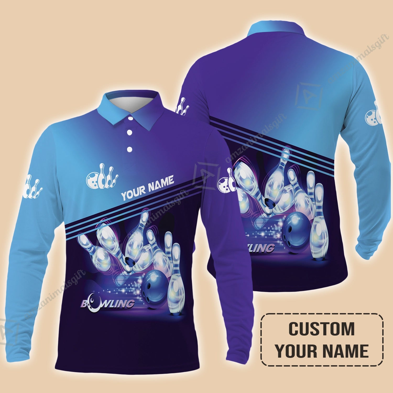 Bowling Long Polo Shirt With Custom Name, Blue Bowling Apparel Uniform Players, Perfect Gifts For Bowling Lovers, Bowlers