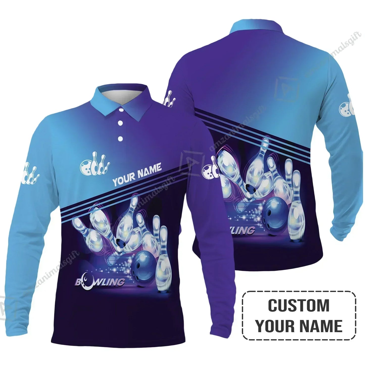 Bowling Long Sweatshirt With Custom Name, Personalized Blue Bowling Shirt Uniform Players, Perfect Gifts For Bowling Lovers, Bowlers