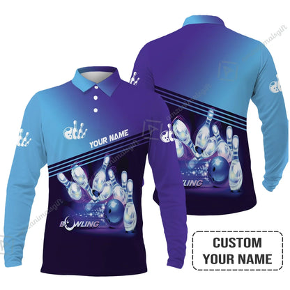 Bowling Polo Shirt With Custom Name, Personalized Blue Bowling Polo Shirt Uniform Players, Perfect Outfits For Bowling Lovers, Bowlers