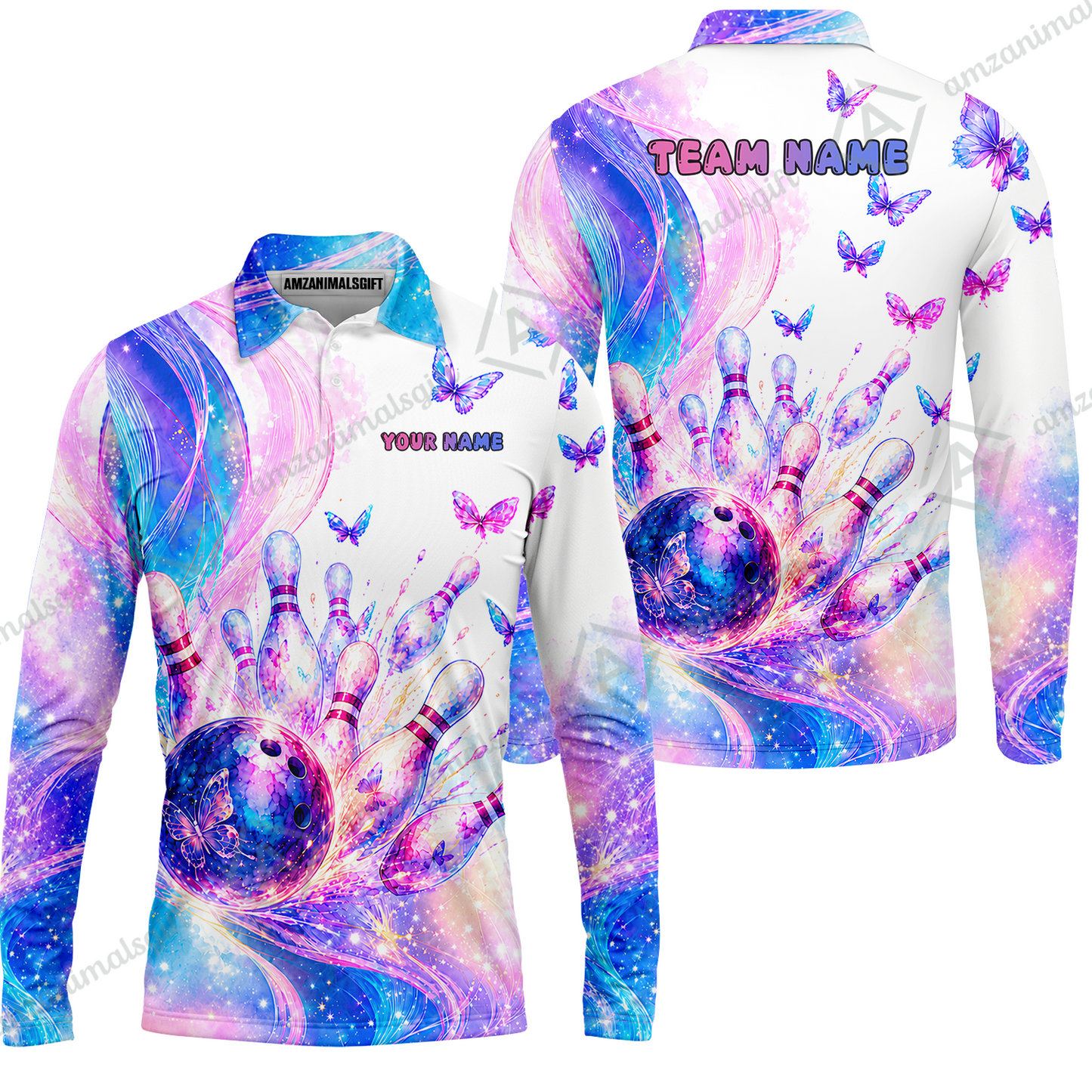Custom Bowling Jersey Polo Shirt, Bowling Dart Butterfly, Personalize Name and Team Name